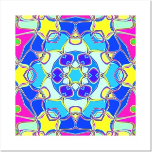 Cartoon Mandala Flower Blue Yellow and Pink Posters and Art